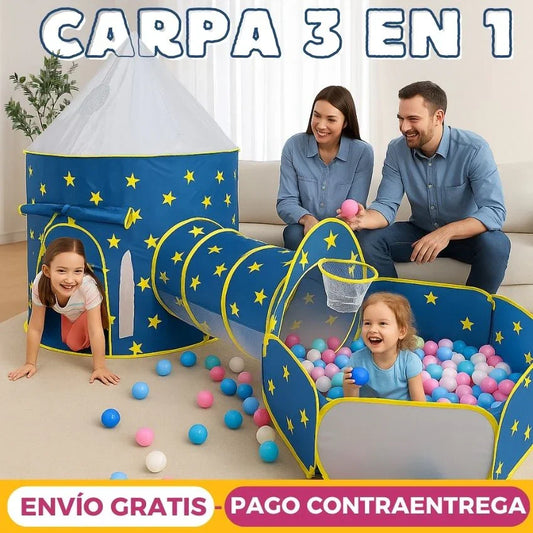 Carpa castillo 3 en 1: castillo, túnel y piscina (azul)