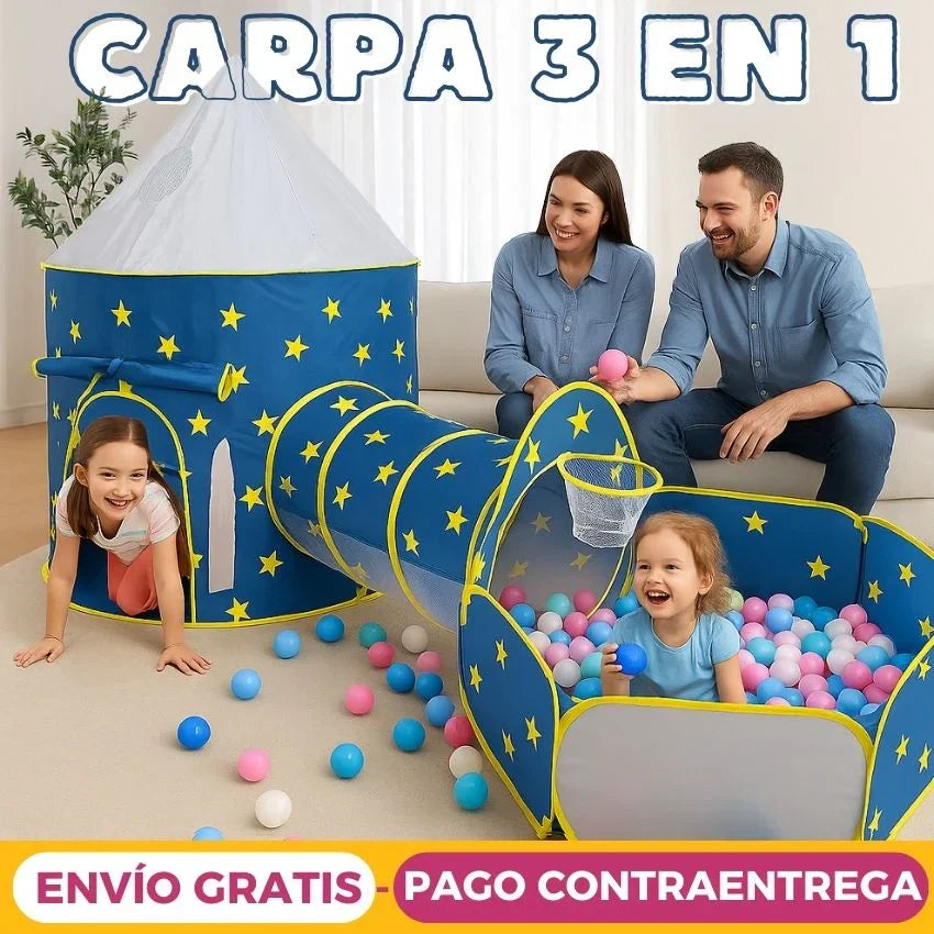 Carpa castillo 3 en 1: castillo, túnel y piscina (azul)